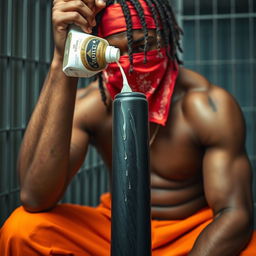 A close-up portrait of a muscular African American gang member in a prison cell