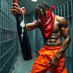A close-up portrait of a muscular African American gang member in a prison cell