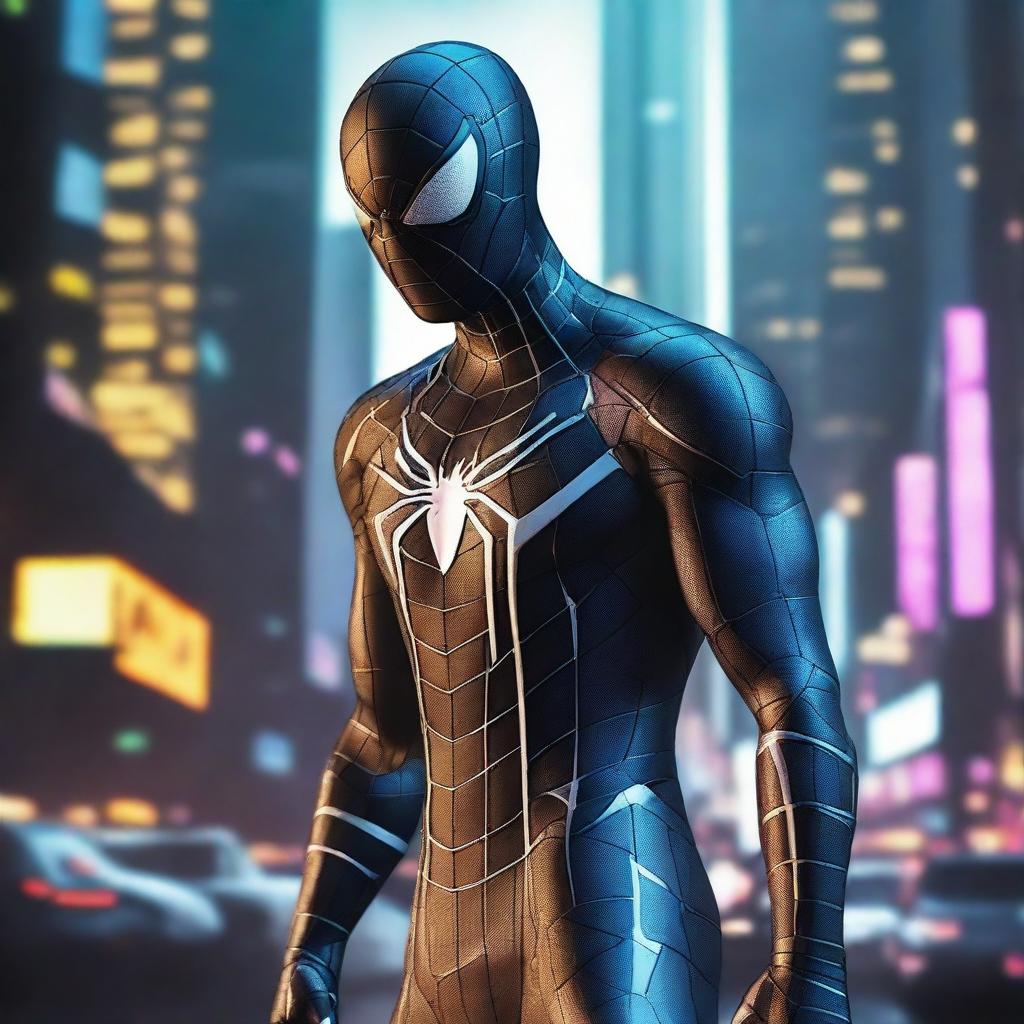 Generate an image of a technologic, robotic Spiderman in a noir and gold future-tech suit, swinging fearlessly among cyberpunk-themed skyscrapers, his metallic form illuminated by neon lights in a dystopian future city