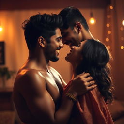 An intimate and passionate scene depicting an erotic sexual encounter between an Indian couple, focusing on their deep connection and affection