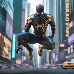 Generate an image of a technologic, robotic Spiderman in a noir and gold future-tech suit, swinging fearlessly among cyberpunk-themed skyscrapers, his metallic form illuminated by neon lights in a dystopian future city