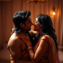 An intimate and passionate scene depicting an erotic sexual encounter between an Indian couple, focusing on their deep connection and affection