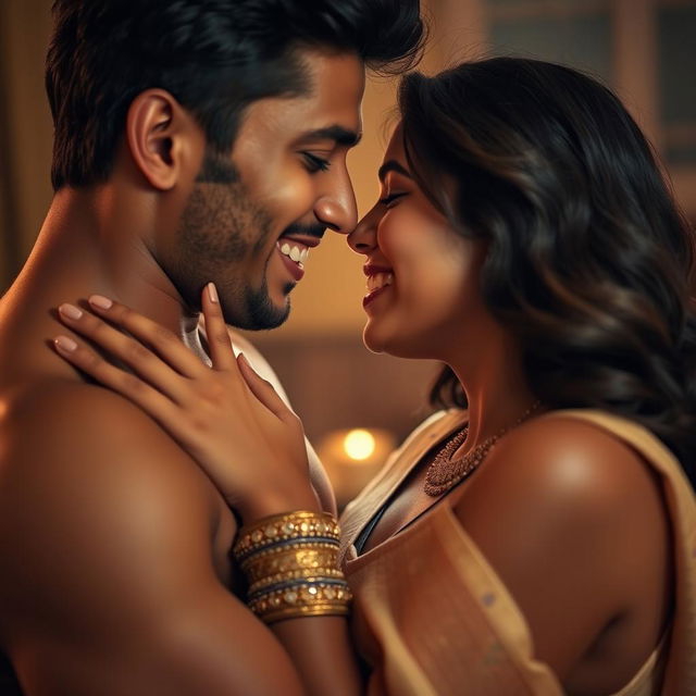 An intimate and passionate scene depicting an erotic sexual encounter between an Indian couple, focusing on their deep connection and affection