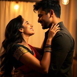 An intimate and passionate scene depicting an erotic sexual encounter between an Indian couple, focusing on their deep connection and affection