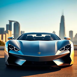 A sleek and futuristic 2024 Lamborghini Revuelto, designed with elegant lines and bold curves, showcasing its signature sharp headlights and aggressive front fascia