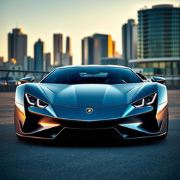 A sleek and futuristic 2024 Lamborghini Revuelto, designed with elegant lines and bold curves, showcasing its signature sharp headlights and aggressive front fascia