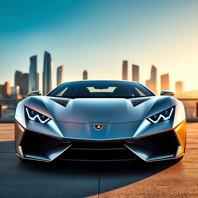 A sleek and futuristic 2024 Lamborghini Revuelto, designed with elegant lines and bold curves, showcasing its signature sharp headlights and aggressive front fascia