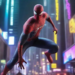 Generate an image of a technologic, robotic Spiderman in a noir and gold future-tech suit, swinging fearlessly among cyberpunk-themed skyscrapers, his metallic form illuminated by neon lights in a dystopian future city