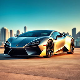 A sleek and futuristic 2024 Lamborghini Revuelto, designed with elegant lines and bold curves, showcasing its signature sharp headlights and aggressive front fascia
