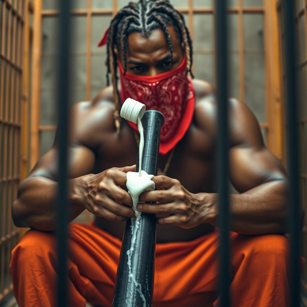 A close-up portrait of a muscular African American gang member with cornrows, sitting in a prison cell