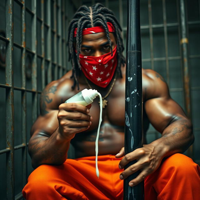 A close-up portrait of a muscular African American gang member with cornrows, sitting in a prison cell