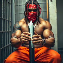 A close-up portrait of a muscular African American gang member with cornrows, sitting in a prison cell