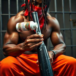 A close-up portrait of a muscular African American gang member with cornrows, sitting in a prison cell