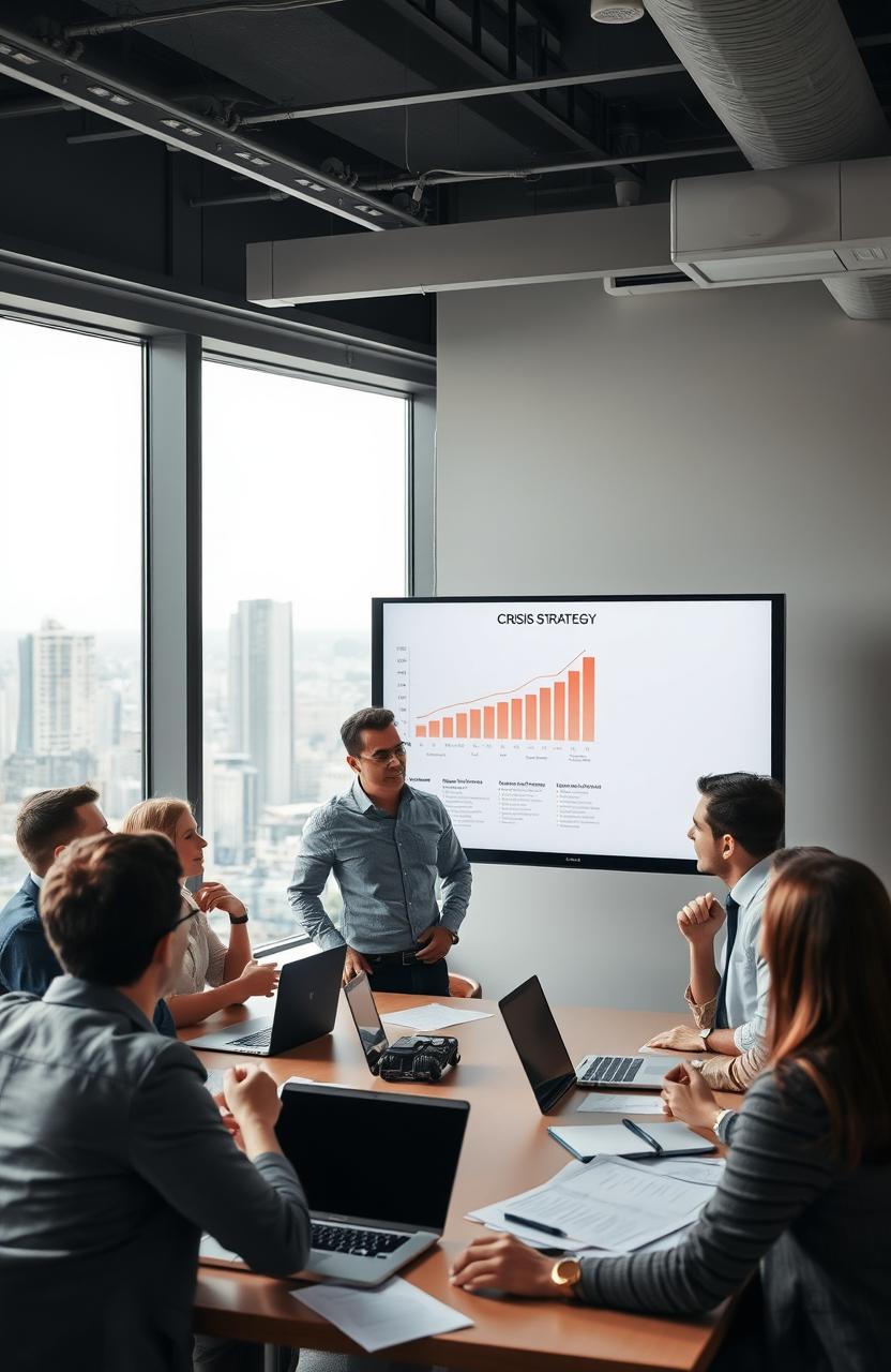 A scene depicting effective crisis management in a modern office setting