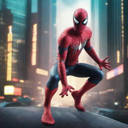 Generate an image of a technologic, robotic Spiderman in a noir and gold future-tech suit, swinging fearlessly among cyberpunk-themed skyscrapers, his metallic form illuminated by neon lights in a dystopian future city