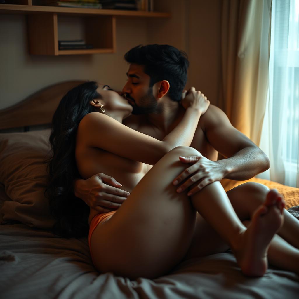 An intimate scene set in a cozy hostel room featuring a cute 18-year-old Indian girl and a man, both fully nude