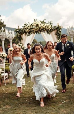 A dramatic wedding scene unfolding in a picturesque location where a bride is seen running away from her wedding
