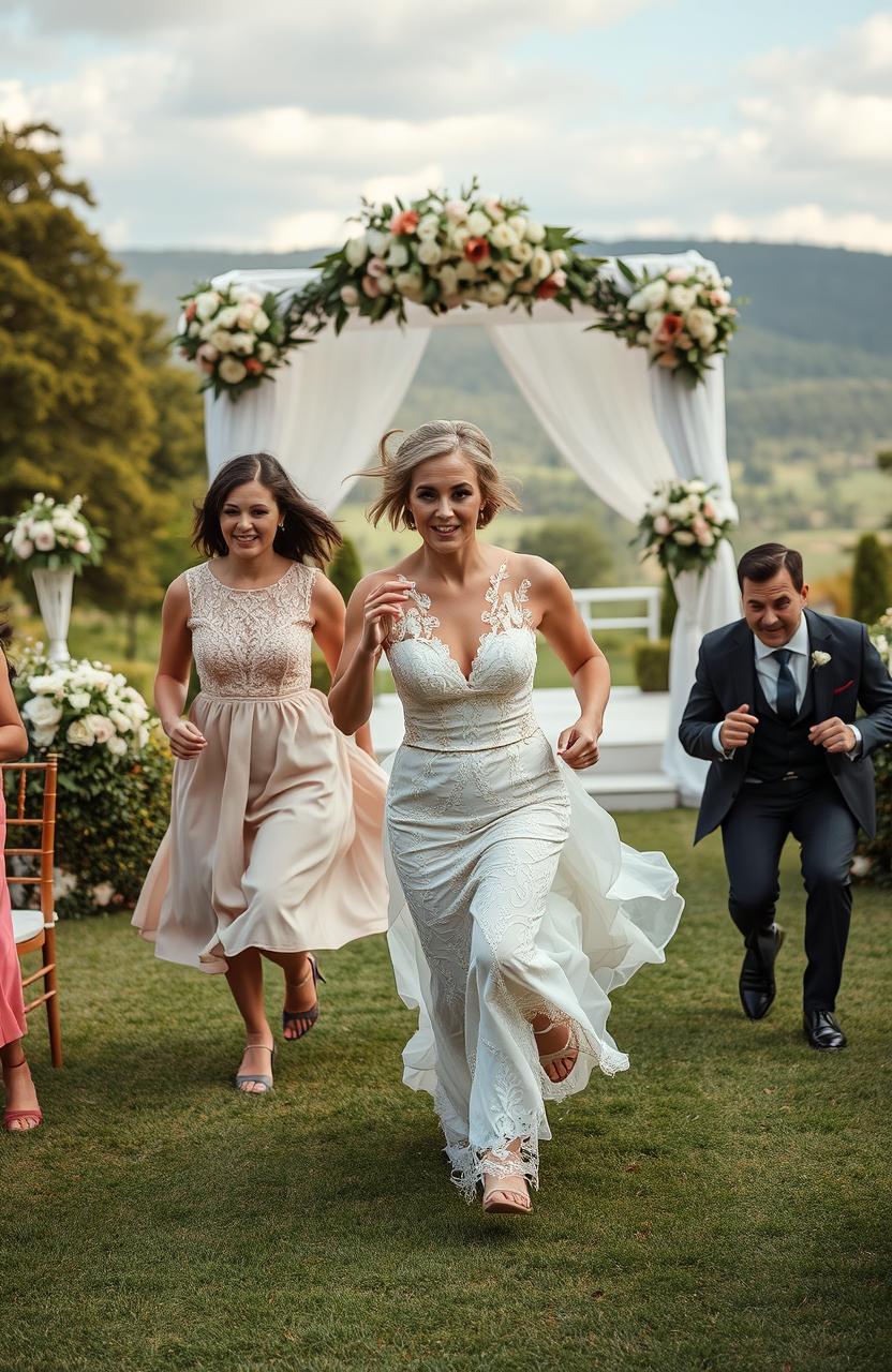 A dramatic wedding scene unfolding in a picturesque location where a bride is seen running away from her wedding