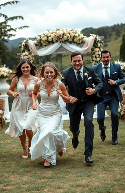 A dramatic wedding scene unfolding in a picturesque location where a bride is seen running away from her wedding