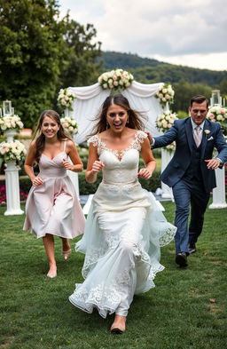 A dramatic wedding scene unfolding in a picturesque location where a bride is seen running away from her wedding