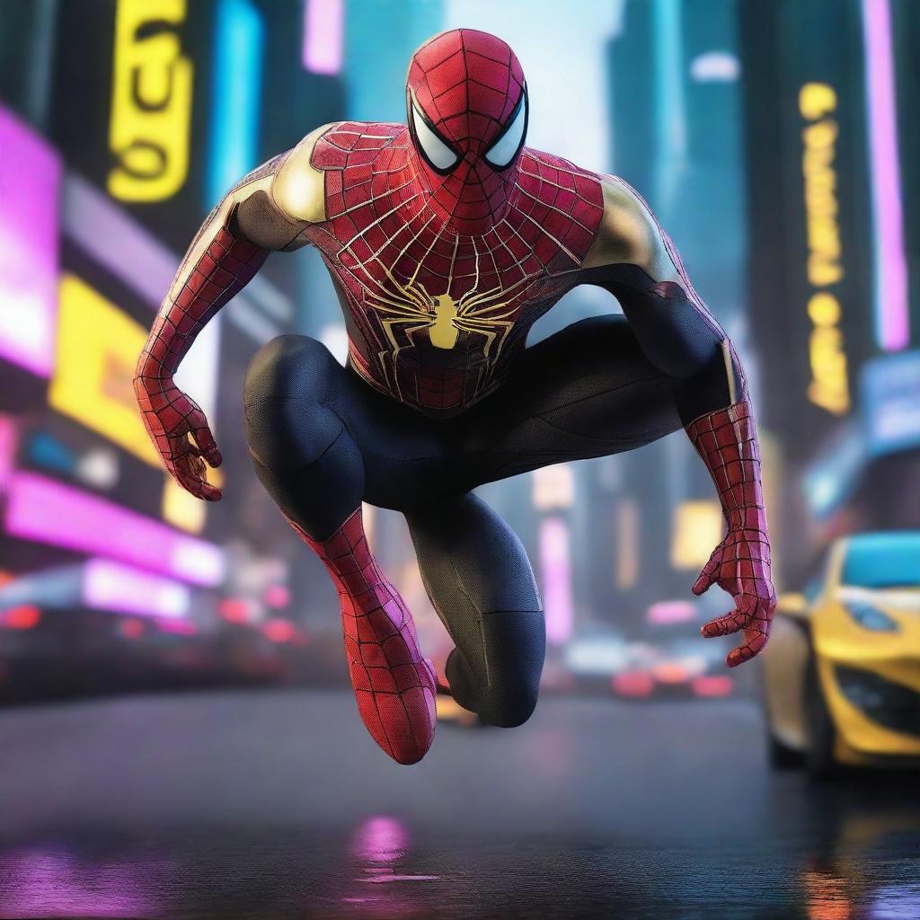 Create an image of a futuristic robotic Spiderman, encased in a detailed black and gold suit, navigating fearlessly across a cyberpunk cityscape, his mechanical form bathed in the mesmerizing glow of neon lights