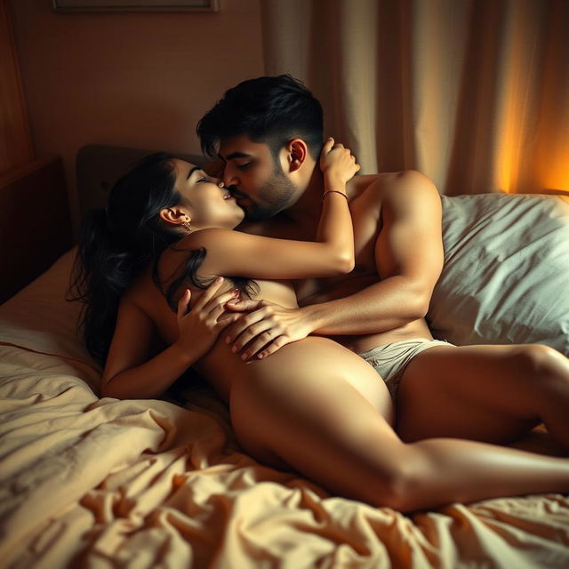 An intimate scene set in a cozy hostel room featuring a cute 18-year-old Indian girl and a man, both fully nude, lying closely together on a comfortable bed illuminated by soft, warm lighting