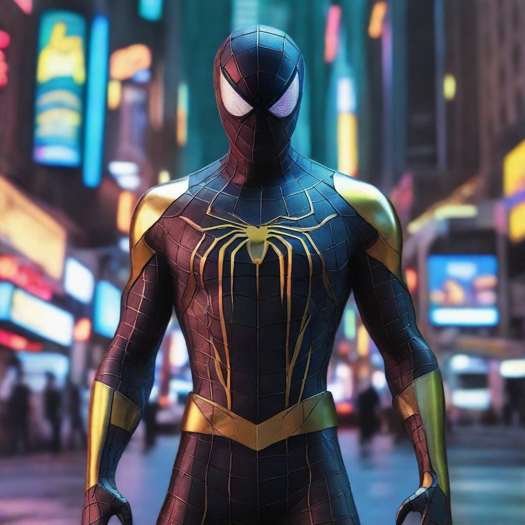 Create an image of a futuristic robotic Spiderman, encased in a detailed black and gold suit, navigating fearlessly across a cyberpunk cityscape, his mechanical form bathed in the mesmerizing glow of neon lights