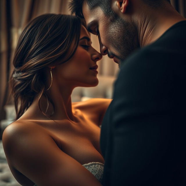 A sensual and intimate scene featuring a close-up of a couple in a moment of passion, emphasizing the connection between them