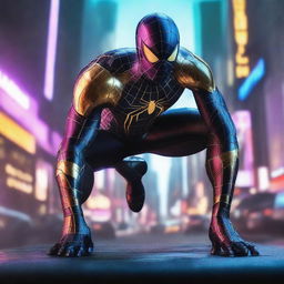 Create an image of a futuristic robotic Spiderman, encased in a detailed black and gold suit, navigating fearlessly across a cyberpunk cityscape, his mechanical form bathed in the mesmerizing glow of neon lights