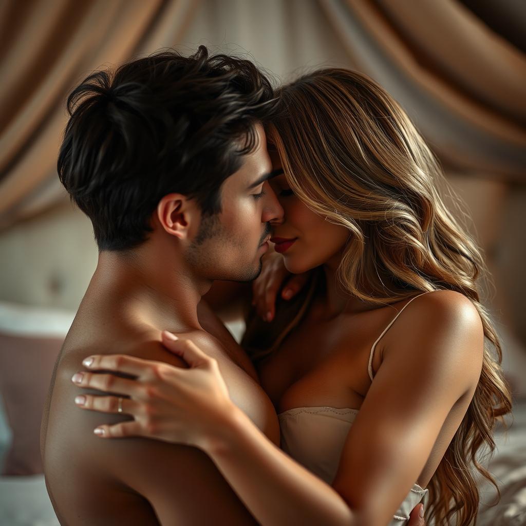 A sensual and intimate scene featuring a close-up of a couple in a moment of passion, emphasizing the connection between them