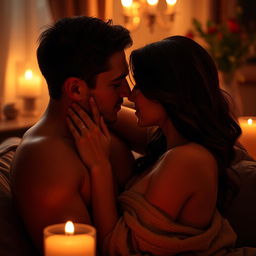 A sensual scene depicting an intimate moment between a couple in a softly lit, romantic setting