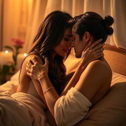 A sensual scene depicting an intimate moment between a couple in a softly lit, romantic setting