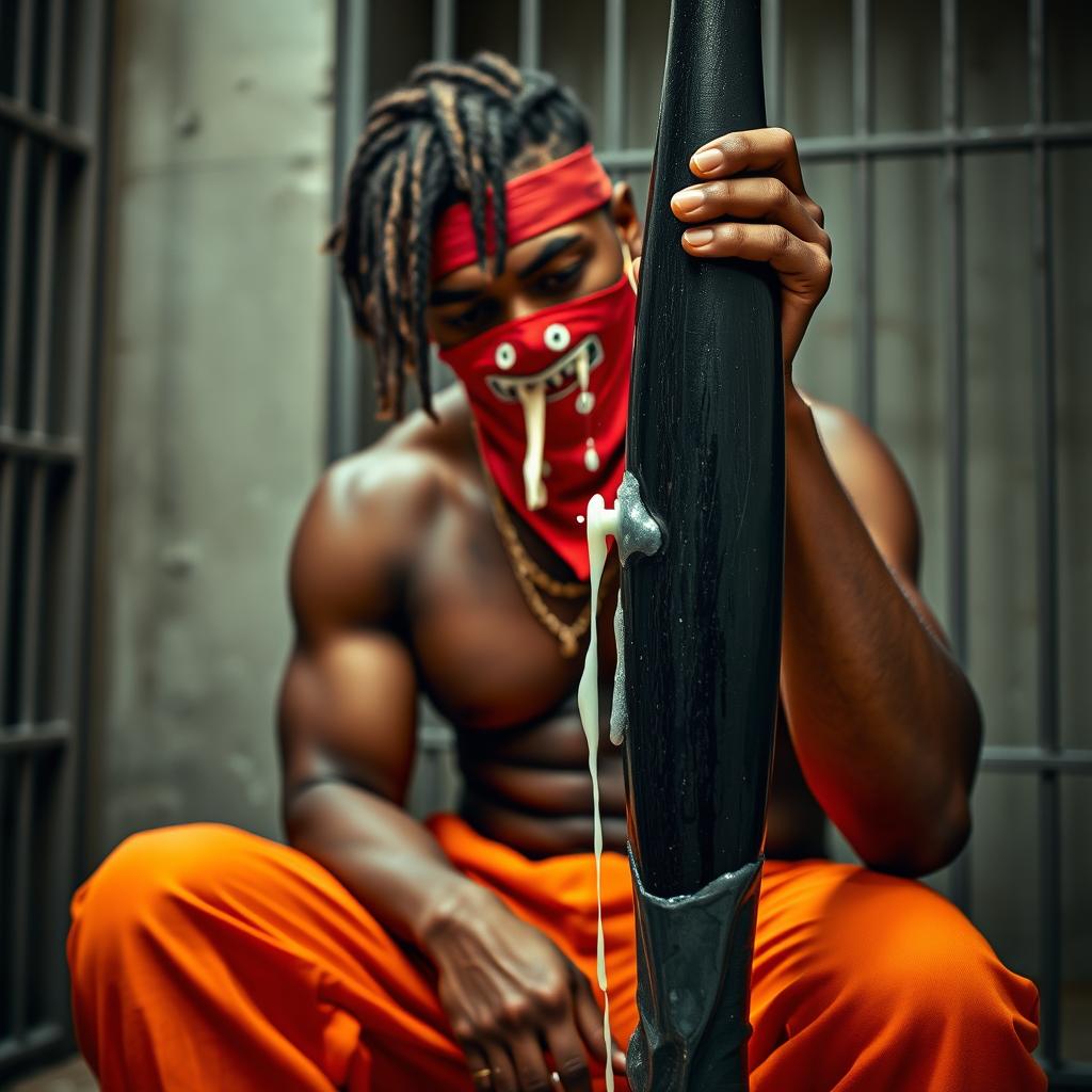 A close-up image of a muscular African American gang member sitting in a prison cell