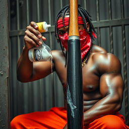 A close-up image of a muscular African American gang member sitting in a prison cell