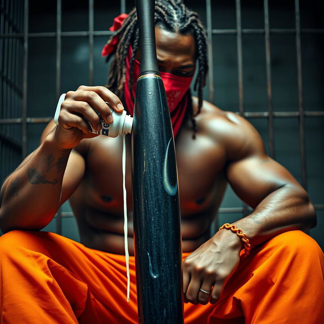 A close-up image of a muscular African American gang member sitting in a prison cell