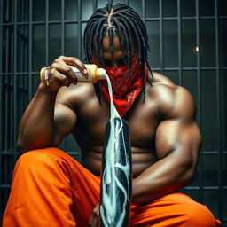 A close-up image of a muscular African American gang member sitting in a prison cell