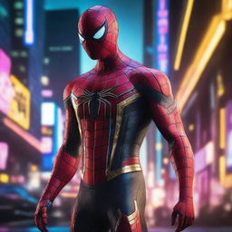 Create an image of a futuristic robotic Spiderman, encased in a detailed black and gold suit, navigating fearlessly across a cyberpunk cityscape, his mechanical form bathed in the mesmerizing glow of neon lights