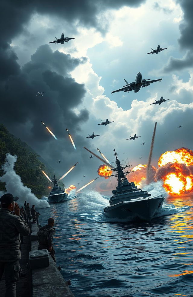 A dramatic, cinematic portrayal of a fictional military assault by a futuristic Chinese naval fleet on the Panama Canal