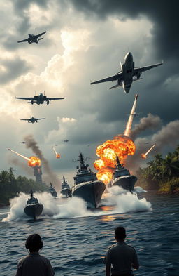A dramatic, cinematic portrayal of a fictional military assault by a futuristic Chinese naval fleet on the Panama Canal