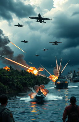 A dramatic, cinematic portrayal of a fictional military assault by a futuristic Chinese naval fleet on the Panama Canal