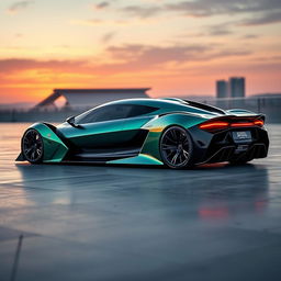 A futuristic, hybrid supercar that combines the aggressive styling of a 2024 Lamborghini Revuelto with the sleek elegance of a Mercedes AMG One, featuring an entirely unique design that showcases amazing and intricate details throughout the bodywork