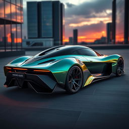 A futuristic, hybrid supercar that combines the aggressive styling of a 2024 Lamborghini Revuelto with the sleek elegance of a Mercedes AMG One, featuring an entirely unique design that showcases amazing and intricate details throughout the bodywork