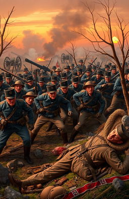 A dramatic scene set during the American Civil War, showcasing soldiers in classic uniforms of Union blue and Confederate gray
