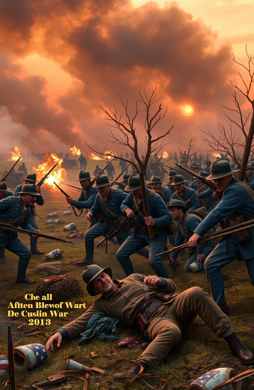 A dramatic scene set during the American Civil War, showcasing soldiers in classic uniforms of Union blue and Confederate gray