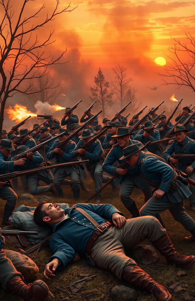 A dramatic scene set during the American Civil War, showcasing soldiers in classic uniforms of Union blue and Confederate gray