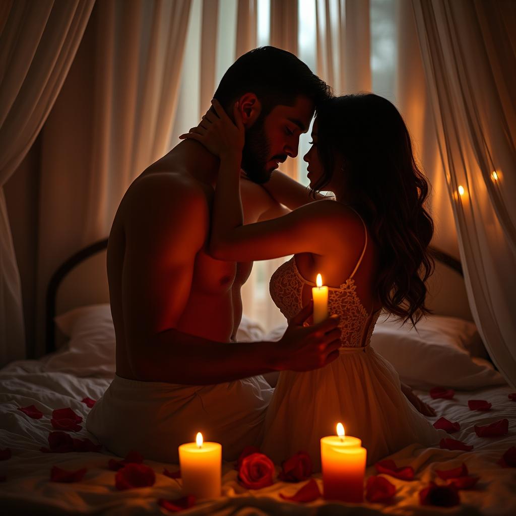 An intimate and romantic scene featuring a sensual couple locked in a passionate embrace, surrounded by soft candlelight, their silhouettes dancing against the warm glow