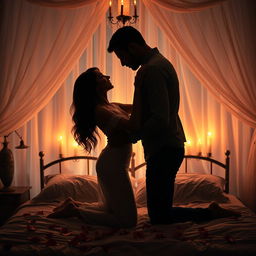 An intimate and romantic scene featuring a sensual couple locked in a passionate embrace, surrounded by soft candlelight, their silhouettes dancing against the warm glow
