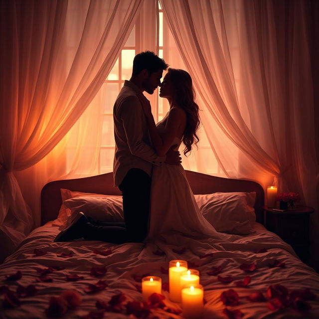 An intimate and romantic scene featuring a sensual couple locked in a passionate embrace, surrounded by soft candlelight, their silhouettes dancing against the warm glow