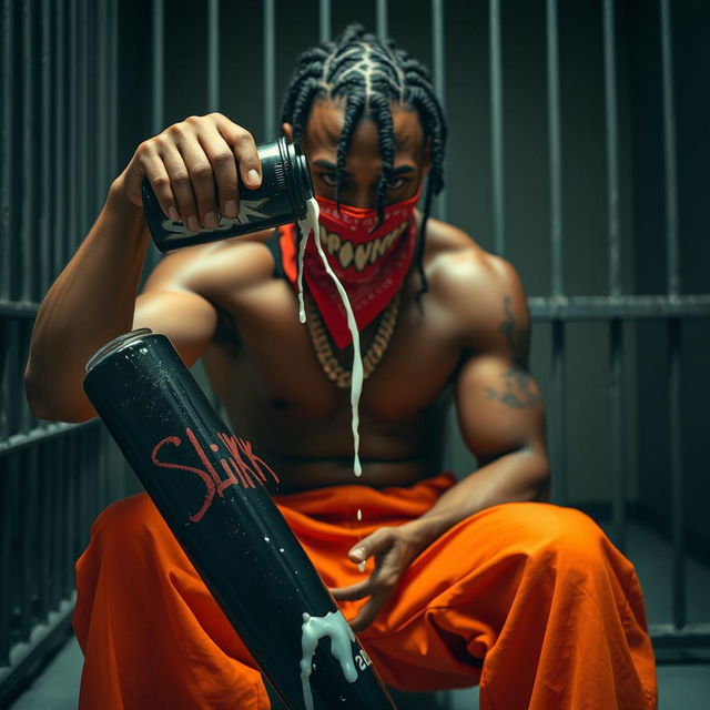 A close-up shot of a muscular African American gang member sitting in a prison cell