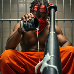 A close-up shot of a muscular African American gang member sitting in a prison cell